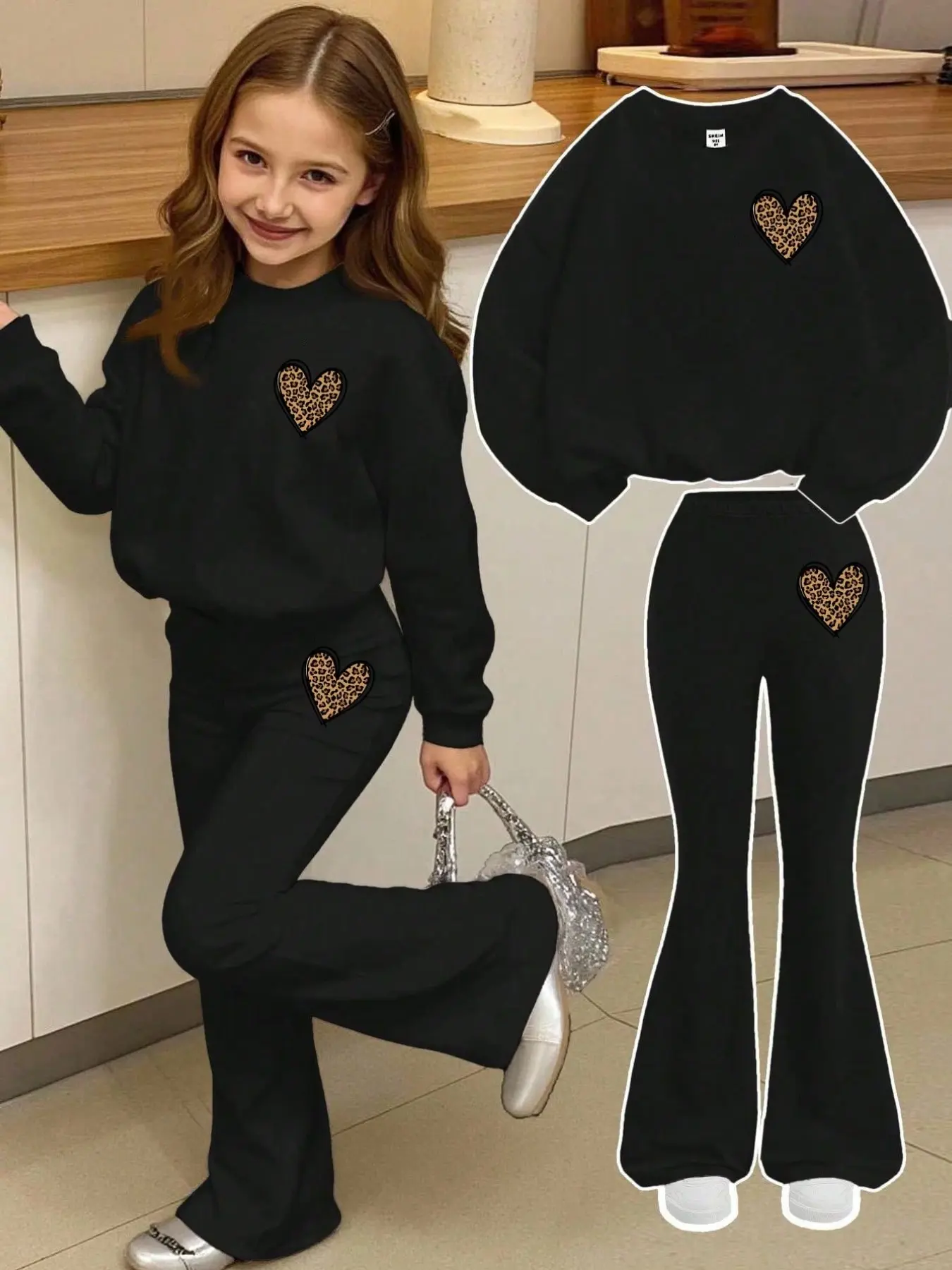 Girls' Leopard Print Heart Sweatshirt and Bell Bottoms Set, Casual Loose-Fit, Base, Fall & Winter Fashion