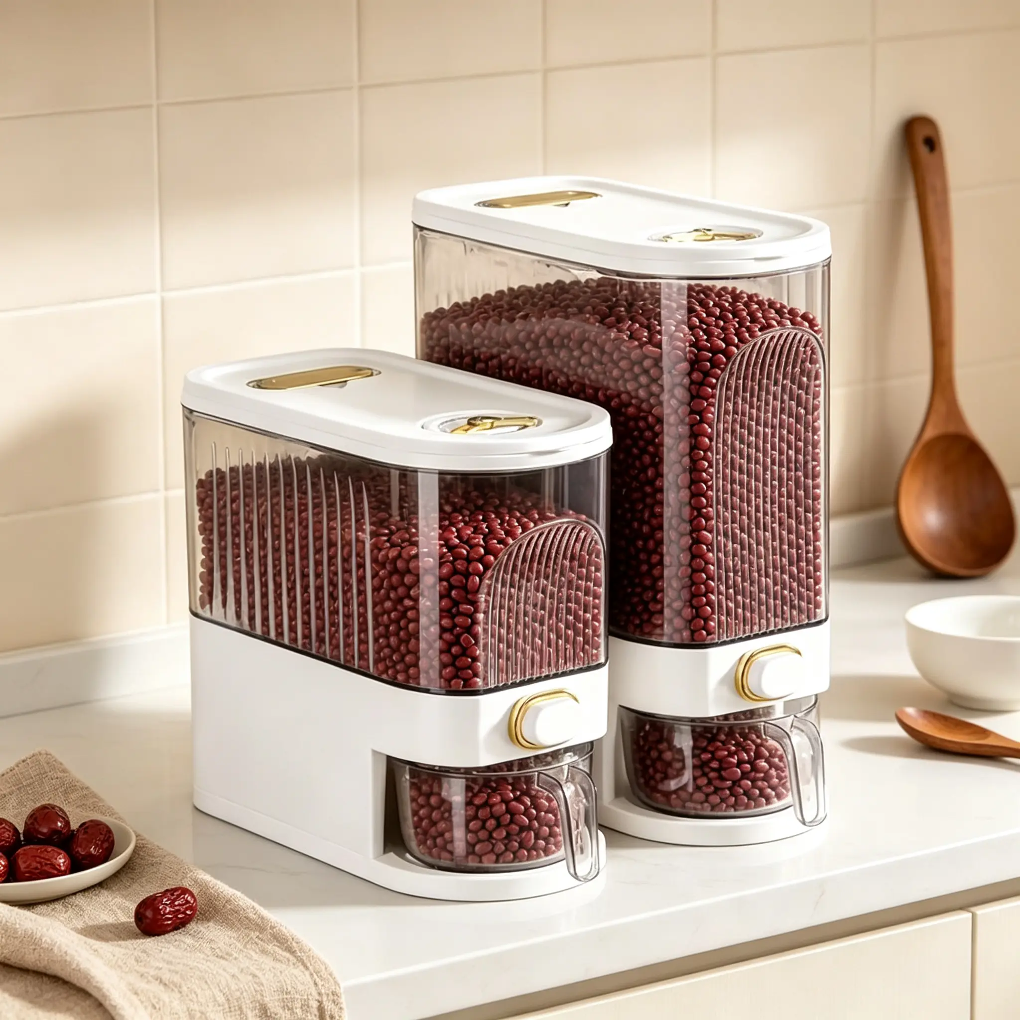 Rice Dispenser Container, Airtight Grain Storage Bin with Measuring Cup, Moisture & Insect Proof Dry Food Storage for Rice, Beans, Cereal