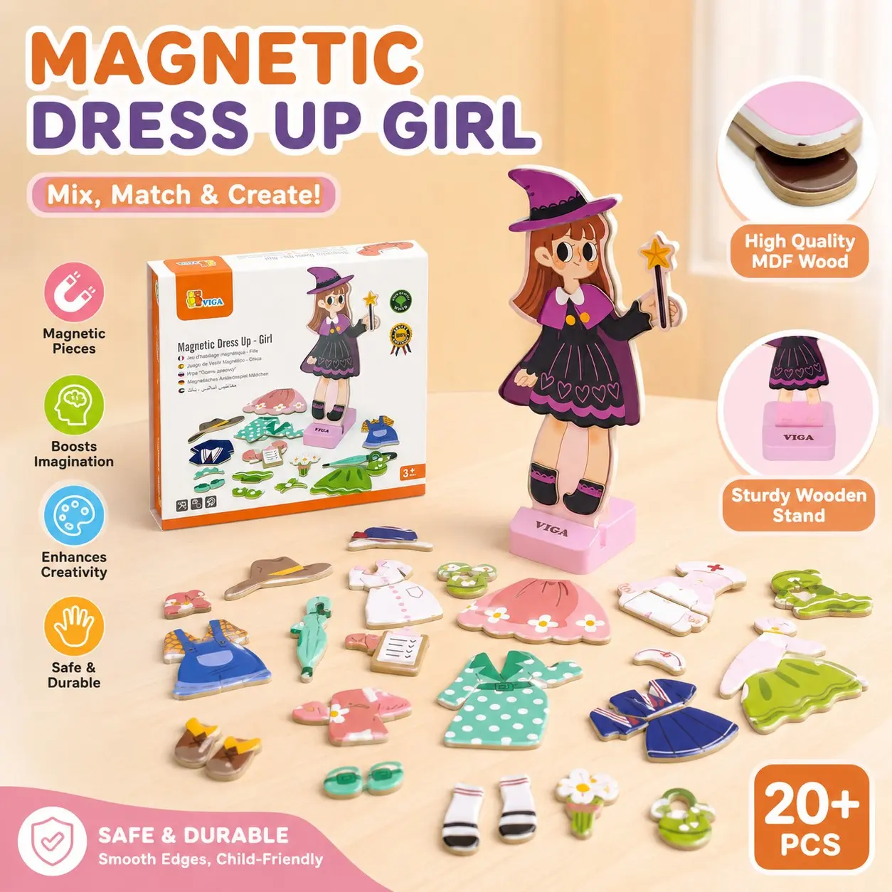Magnetic Dress-Up Girl Doll with Magnetic Pieces for Kids 3+, Mix & Match with Wooden Stand, Boost Creativity & Fashion Sense, Perfect Gift for Girls