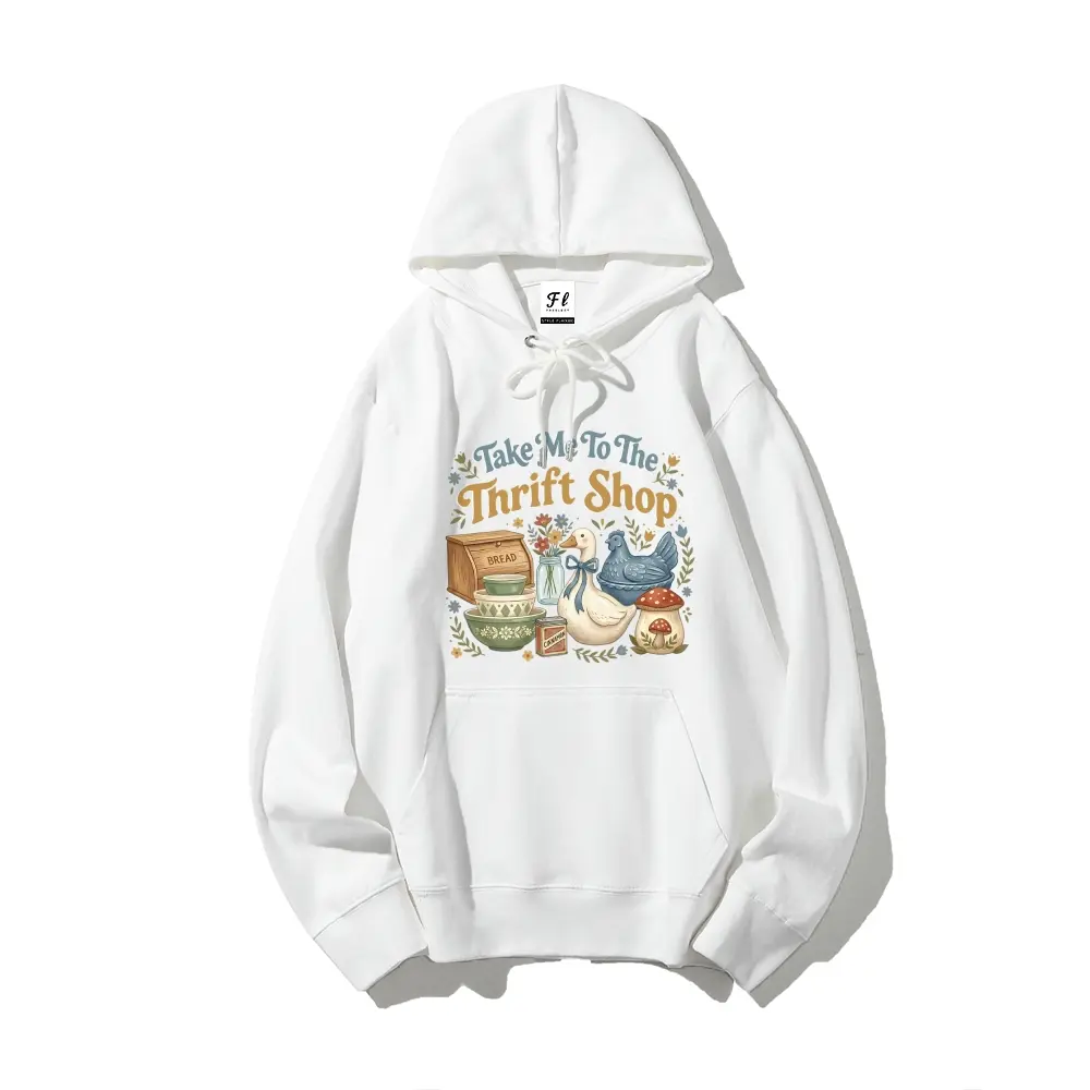 "Take Me To The Thrift Shop" Print Hoodie, Fashion Casual Graphic Crewneck Hooded Sweatshirt for Daily Holiday Outdoor Wear, Long-Sleeve Women Clothing for Fall & Winter, Casual Streetwear Pullover Sweatshirt