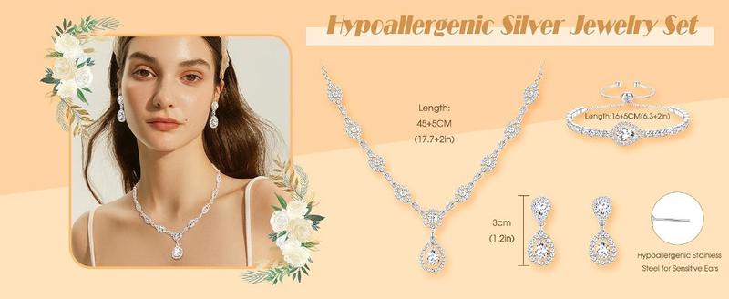 FUNRUN Silver Jewelry Set for Women Rhinestone Necklace and Earrings Bridal Wedding Jewelry Sets for Brides Bridesmaid Crystal Wedding Prom Jewelry Christmas Day Gift