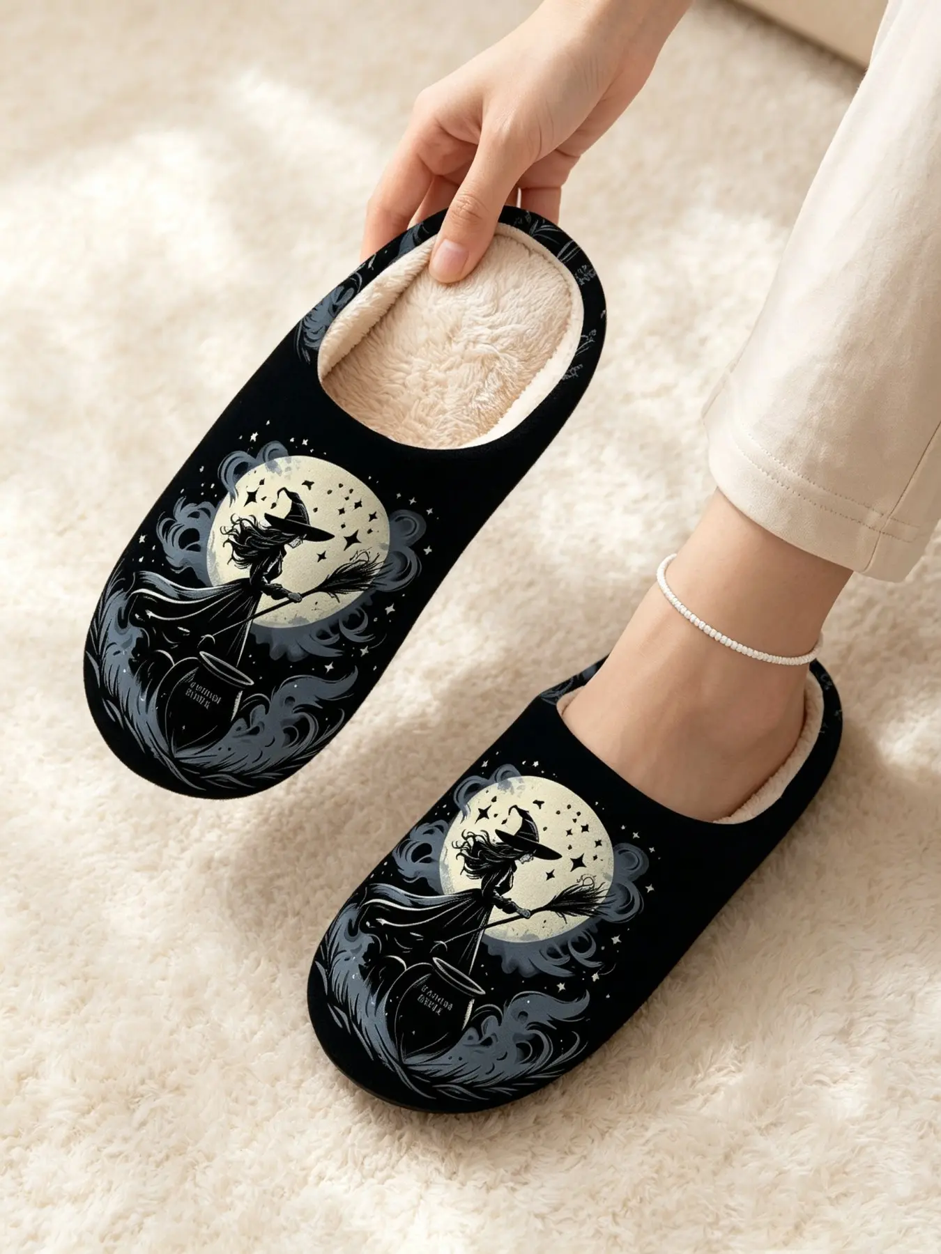 Colorful Skull Frog Pumpkin Witch Ghost Halloween Plush Women's Home Slippers, Warm Plush Toe Soft Non-Slip Indoor Bedroom Shoes