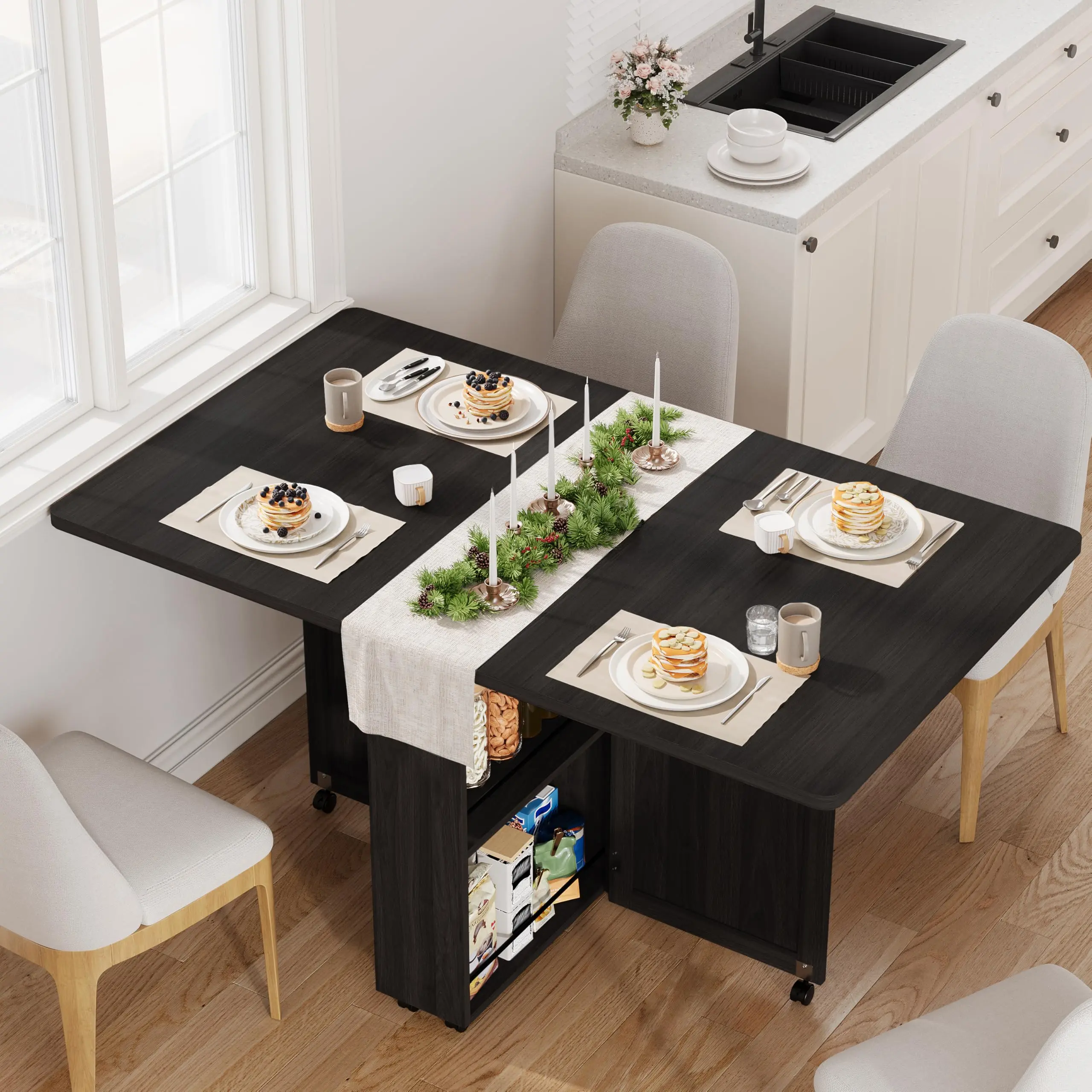 Folding Dining Table with Storage, Folding Kitchen Table with 6 Wheels, Drawer & Shelves, Compact Dining Table for Small Spaces