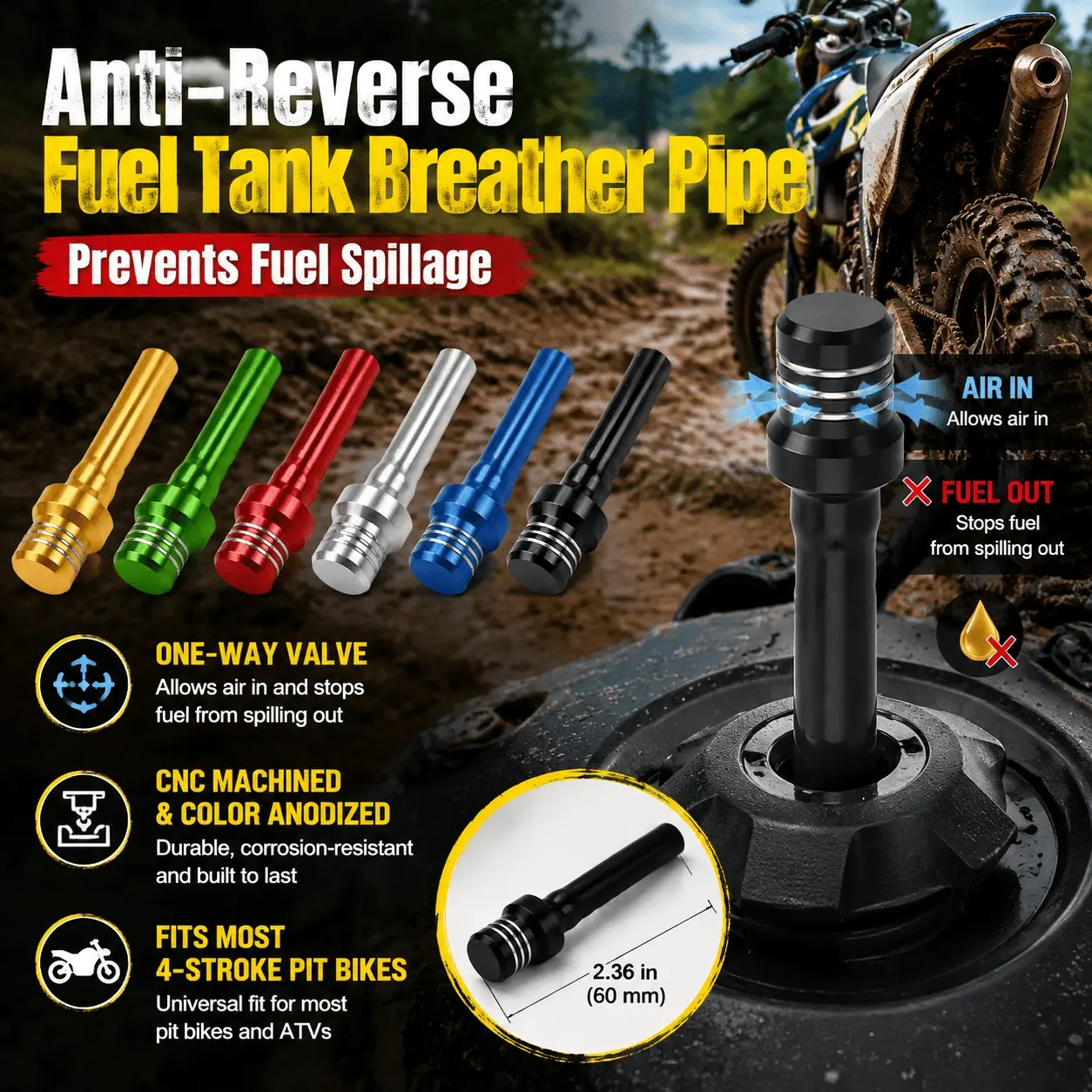 ATV High Performance Aluminum Fuel Tank Cap Replacement, Anti-Surge Gas Valve with Breather Tube Upgrade, Prevents Leaks & Overflow for Dirt Bikes