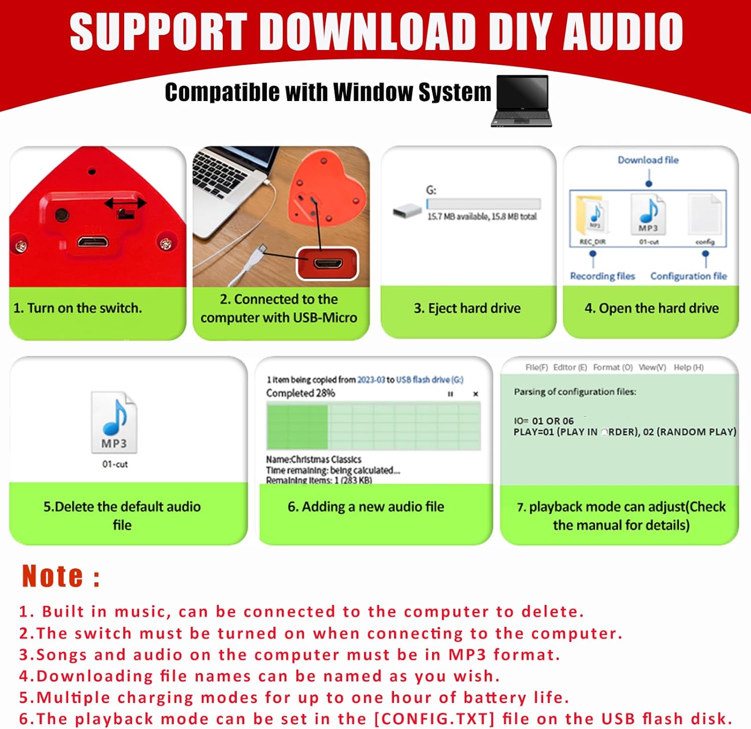 Voice Recorder, 16min USB Downloadable, Recordable Sound Chips Module for Stuffed ,Personal Voice Message for Mother's Day Christmas Plush , DIY Creative Presents for Boys, Girls (Red)