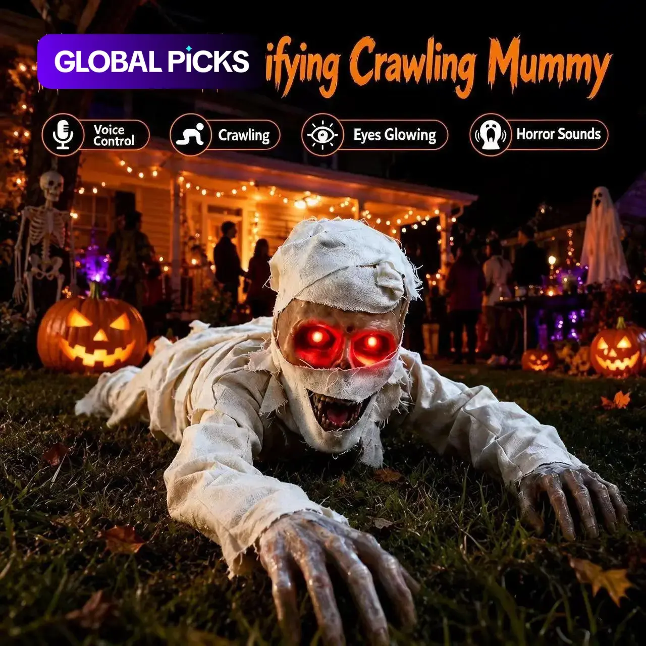 Halloween Crawling Mummy with Glowing Eyes, Terrifying Sound, Voice-Controlled, Electric Crawling, Battery Powered Ornament, Perfect for Halloween Decorations, Festive Home Decoration