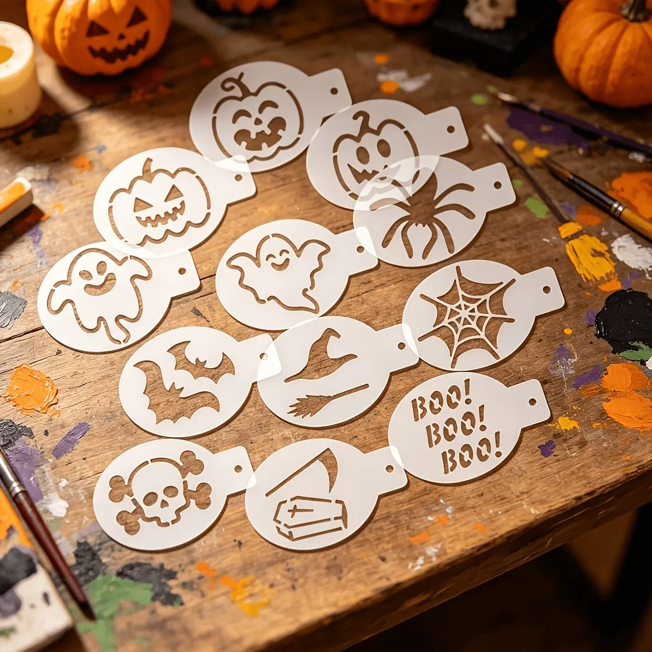 Halloween Face and Craft Templates Set, Reusable Painting Stencils, Includes Pumpkin, Boo, Bat, Spider, Web, for Face Paint, Tattoos, Fabric, Glass, Party Decor, Crafts