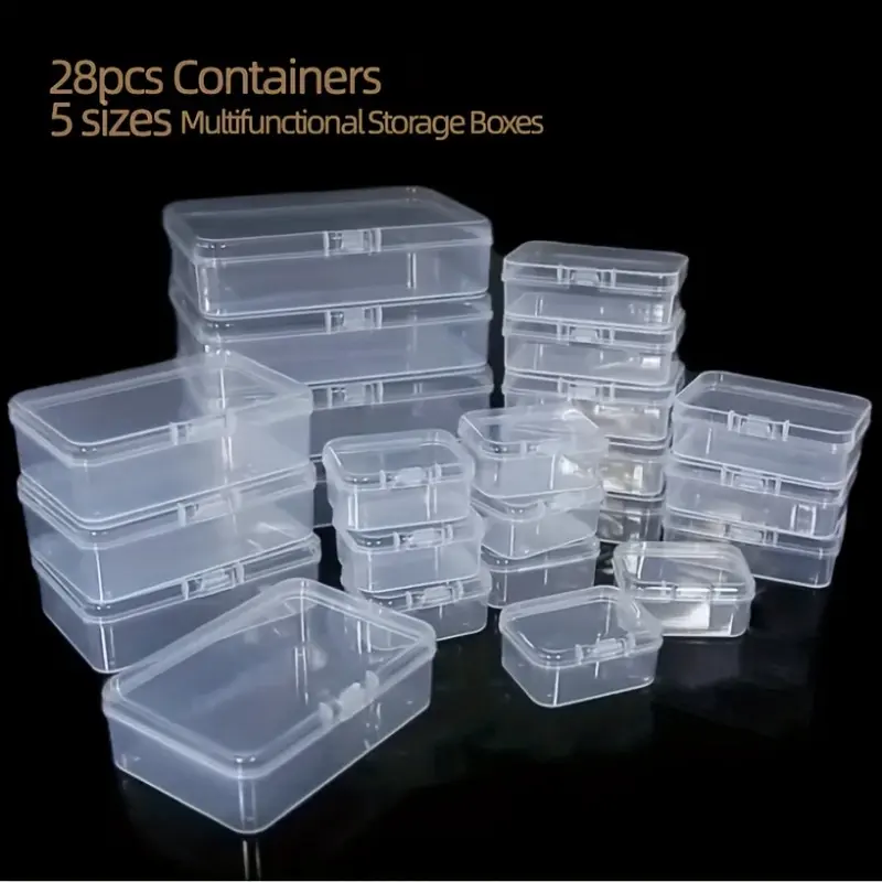 28 sets of transparent plastic storage boxes - Clear Storage Box, Multi-functional storage boxes, suitable for beads, game accessories, business cards, handicrafts and office supplies. The dust-proof tape cover design makes storage convenient.