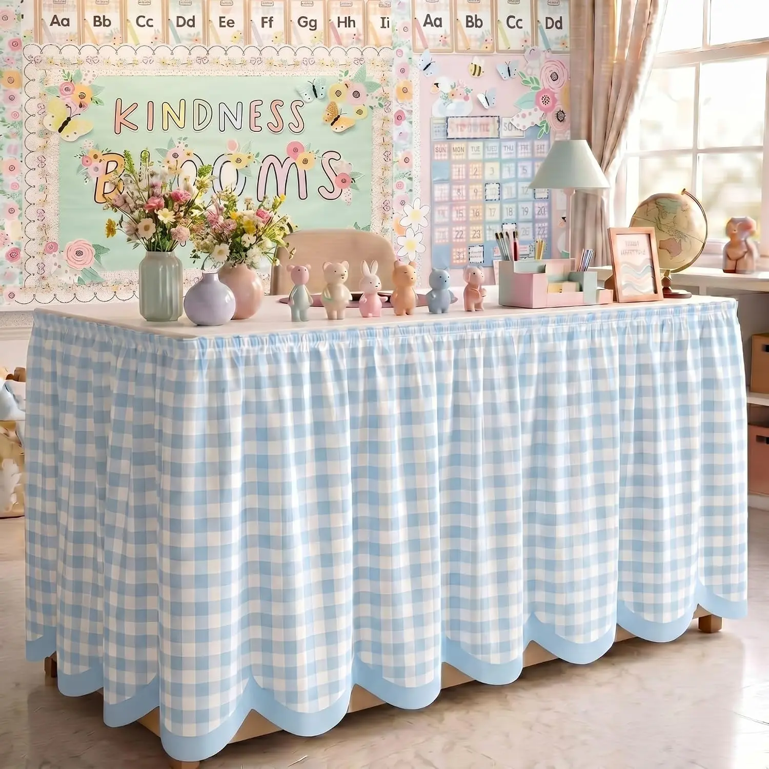 Teacher Desk Skirt 6 ft Blue Gingham Scalloped Classroom Decor| Ruffled Table Cover for Teacher Desk, Fits Kindergarten Office Decor, Back to School Classroom Supplies