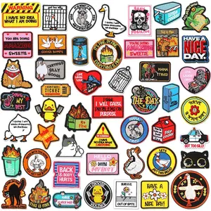 Wavwavw 50 Pcs Themed Iron on Patches Applique with Words Embroidered Sew on Cloth Colorful Multiple Styles Patches for Clothes Hats Backpacks Jackets Accessories Souvenirs Gifts(Funny Cartoon)
