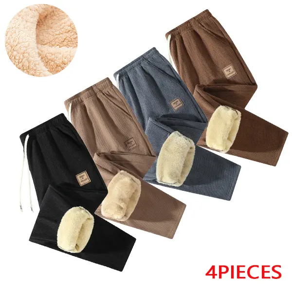 Men 2 3 4 Pack Fleece Lined Casual Pants Fluffy Plush Winter Trousers Elastic Drawstring Waist Straight Leg Design Warm Sherpa Inner Lining Side Pockets Multiple Color Options Suitable For Daily Errands Outdoor Stroll And Cold Season Casual Male Outfits