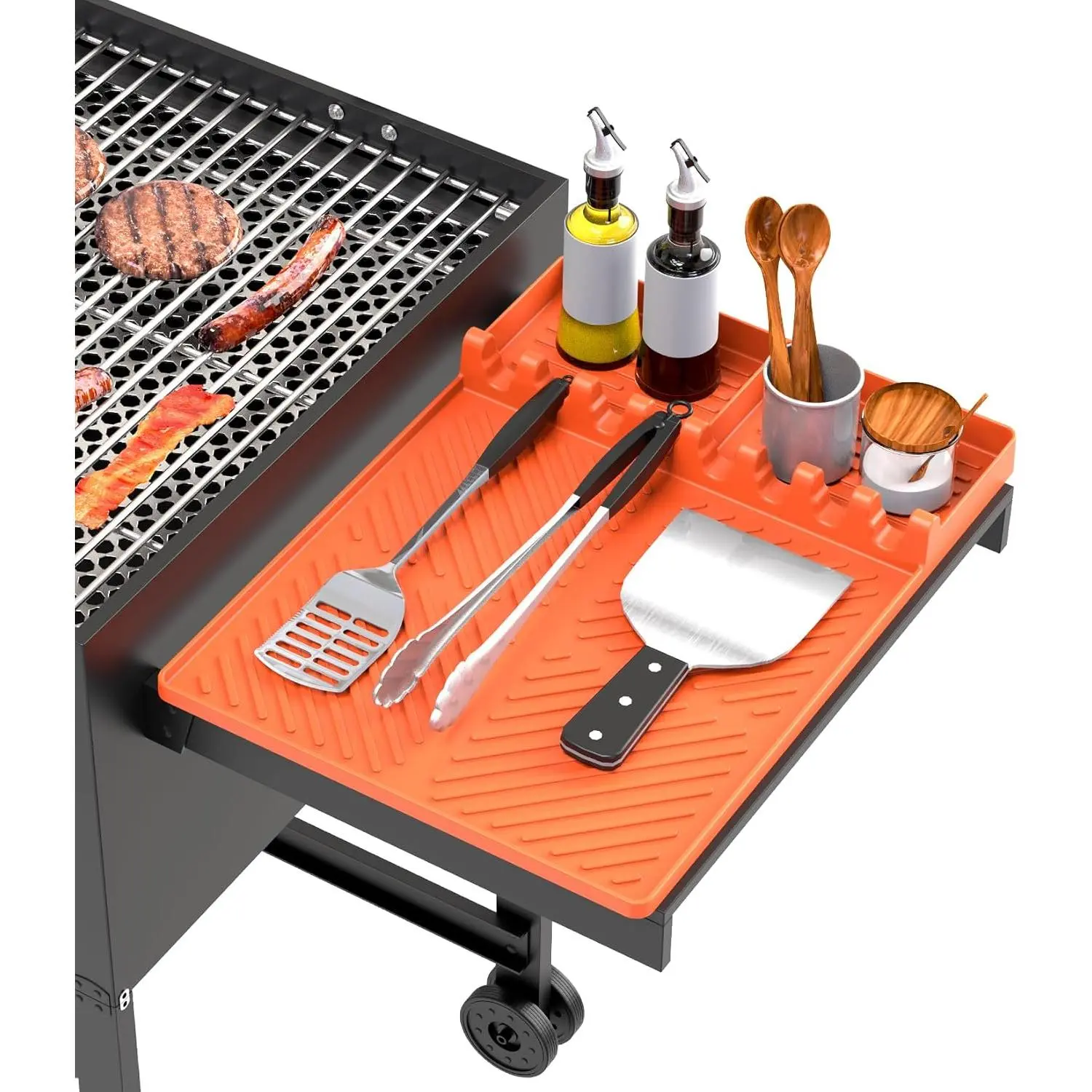 Heat-Resistant Silicone BBQ Grill Mat with Spatula & Utensil Rest - Camping Gear for Griddle Side Shelf, Countertop Protector, Outdoor Kitchen Cooking & Men’s Gifts, Silicone Mat