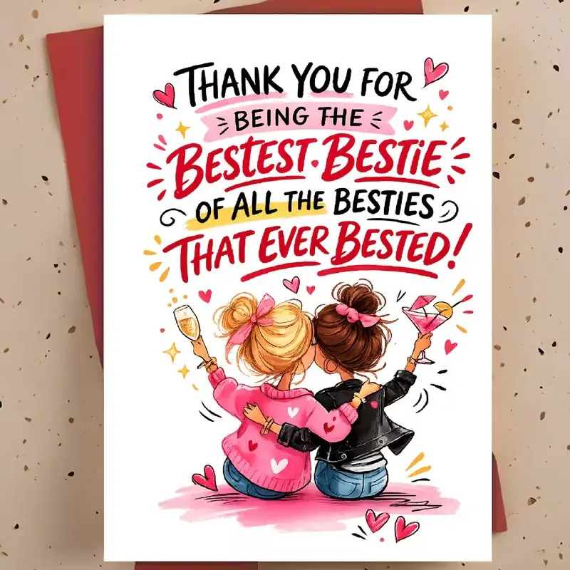 Bestie Friendship Card with Envelope, "Thank You For Being The Bestest Bestie Of All The Besties" Cute Funny Friendship Greeting Card, Two Girls Pink Watercolor Celebration Design, Gift for Best Friends
