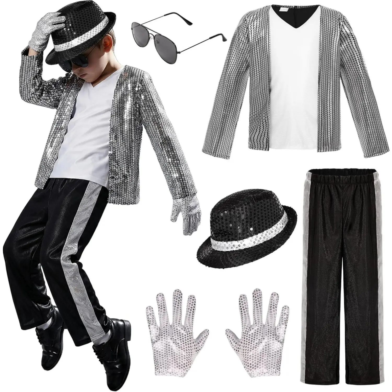Kids Dance Star Costume for Boys Girls 80s 90s Hip Hop Stage Outfits for Halloween Cosplay Party
