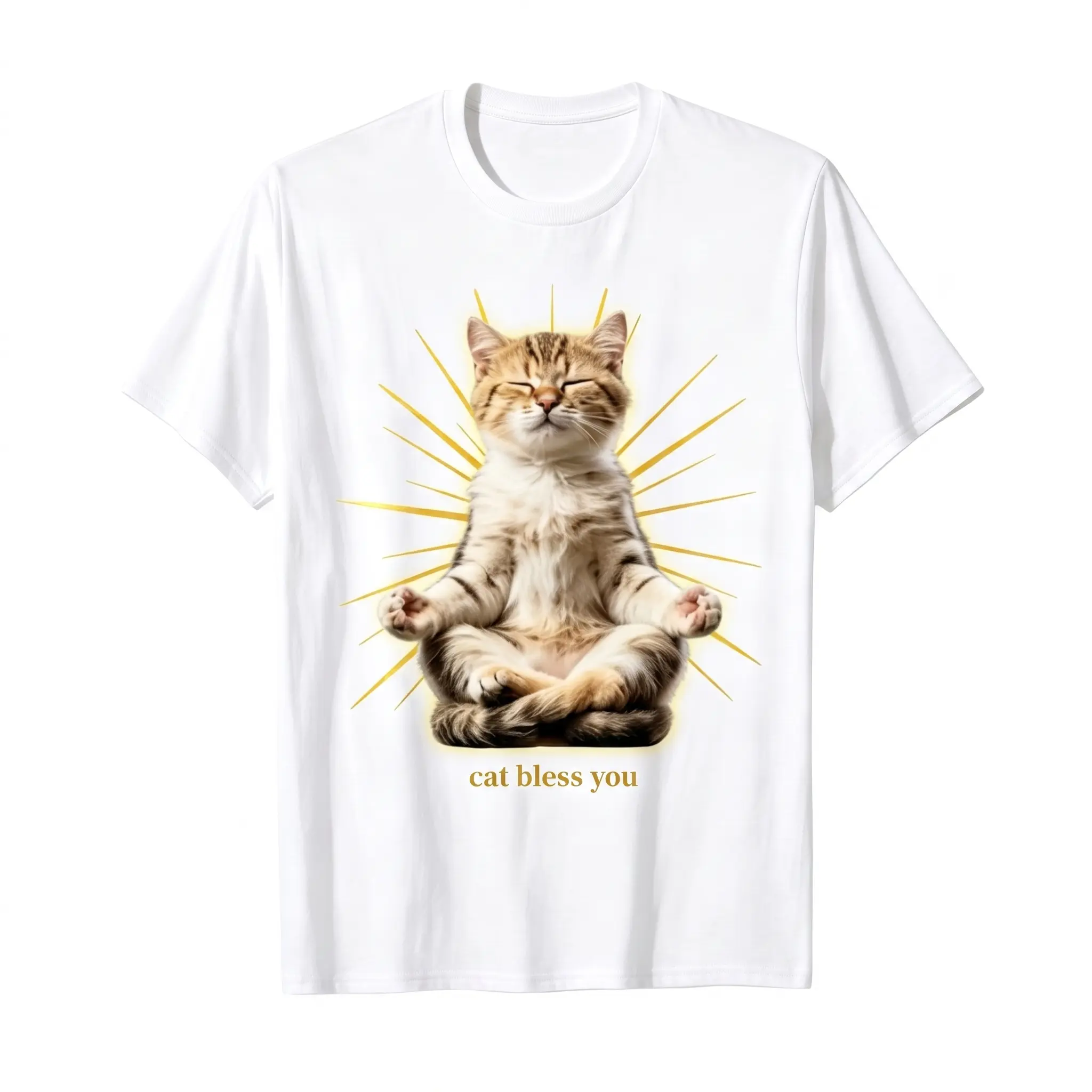 Meditating Tabby Cat Cat Bless You Graphic T-Shirt Lotus Pose Kitten Golden Sunburst Novelty Unisex Cotton Tee Gift For Cat Lovers & Yoga Fans LK00124TD