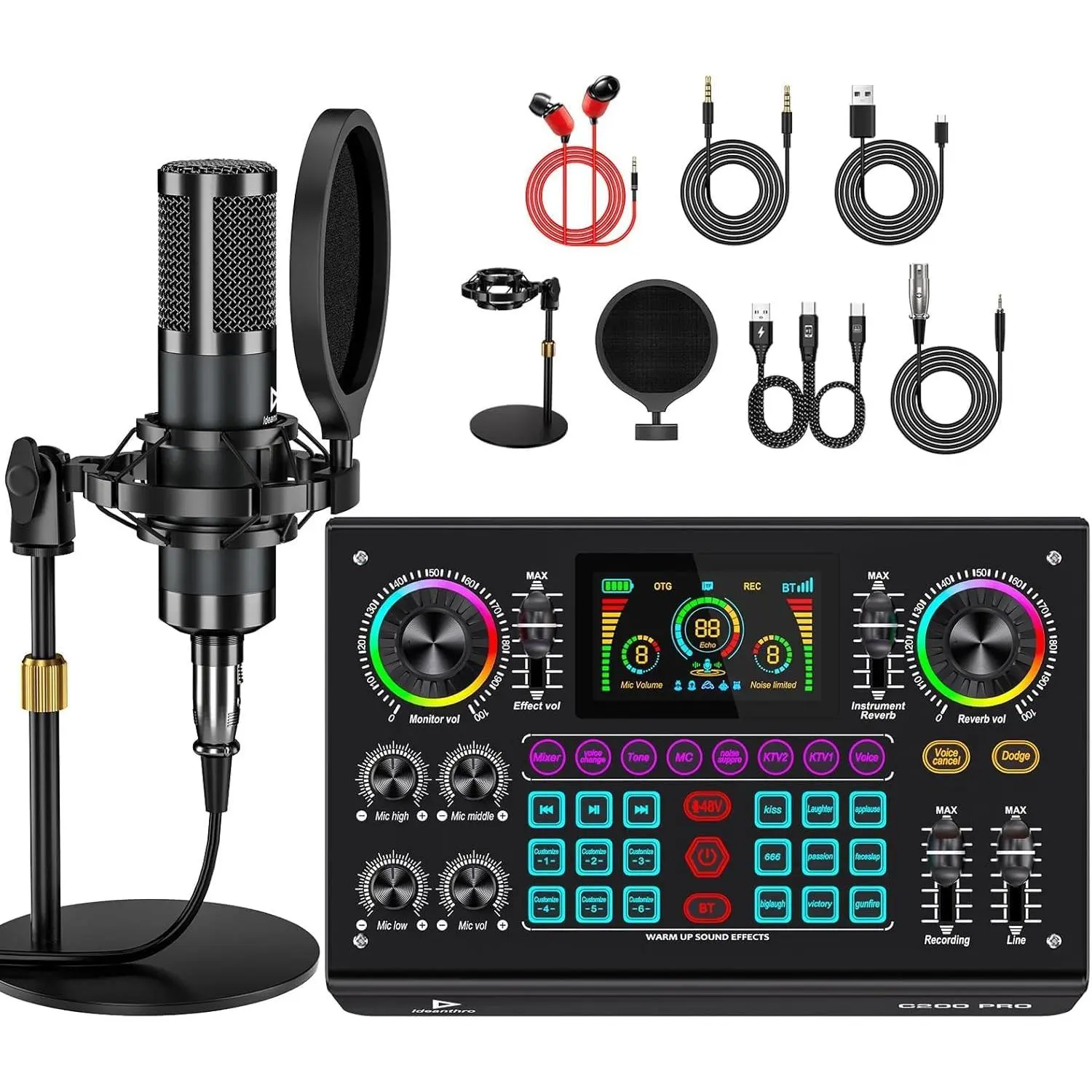 Audio Mixer Podcast Equipment Bundle Live Sound Card with P15 Microphone Voice Changer Sound Effects for PC Phone Tablet Streaming Gaming Recording, Noise Reduction C200PRO-P15(DISC)