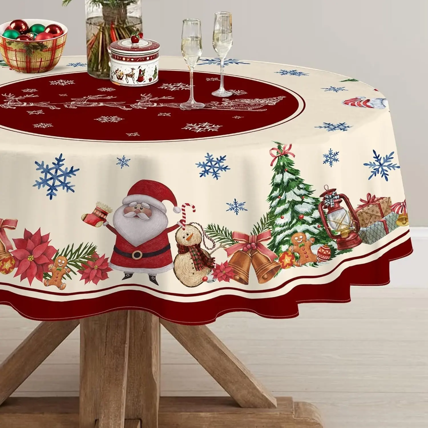 2D Flat Party Tablecloth 1pc, Round Christmas Tablecloth, Polyester Snowman Tablecloth, Winter Kitchen Dining Decor, No Power Required