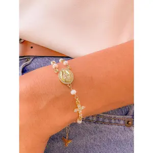 Gold Miraculous Virgin Rosary Bracelet, Virgin Mary Bracelet,Beaded Chain,18k Gold Plated,Religious Jewelry