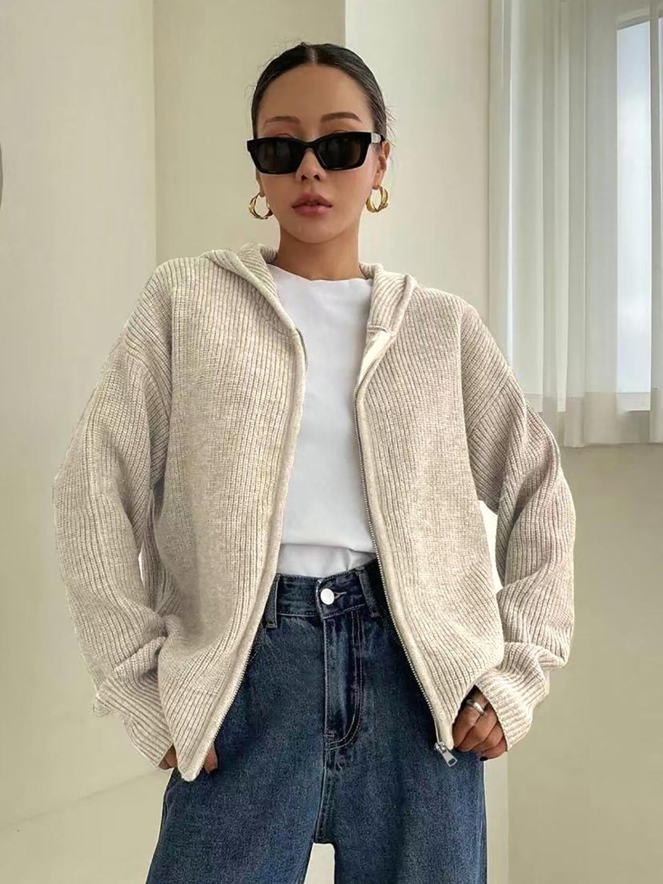 Women's Solid-Color Zip-Up Hooded Cardigan, Casual Fit Long Sleeve Knitwear for Fall & Winter, Ladies' Fashion Sweater for Daily Wear