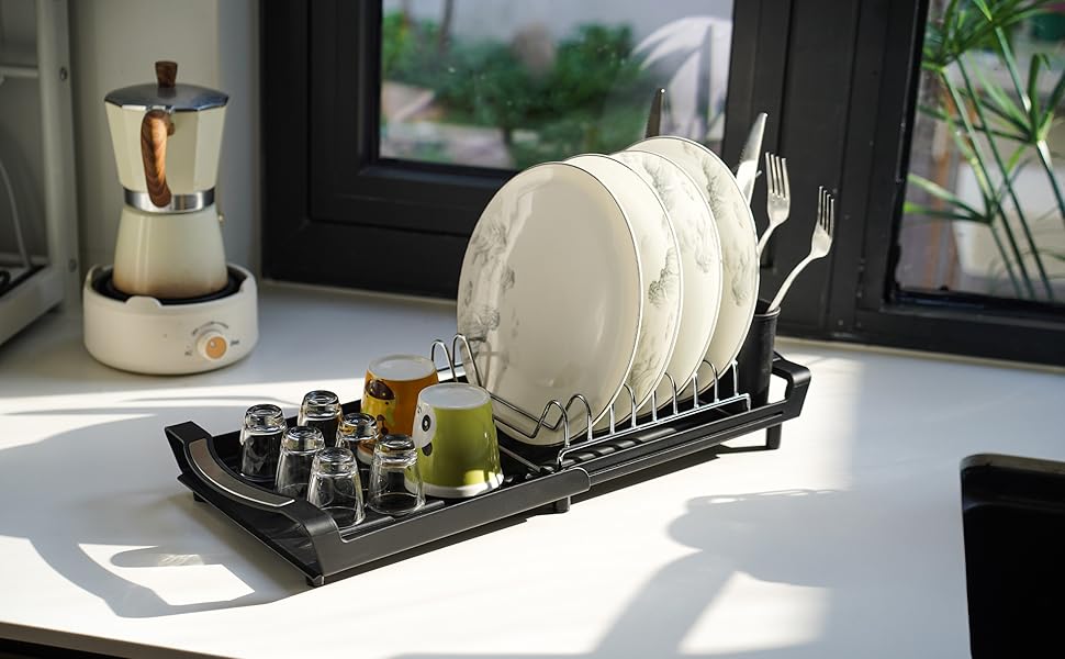 Over The Sink Dish Drying Rack, Adjustable Expandable Kitchen Sink Organizer (11.42-19.9 Inch), Heavy Duty Metal Dish Drainer with Utensil Holder, Space Saving, Black