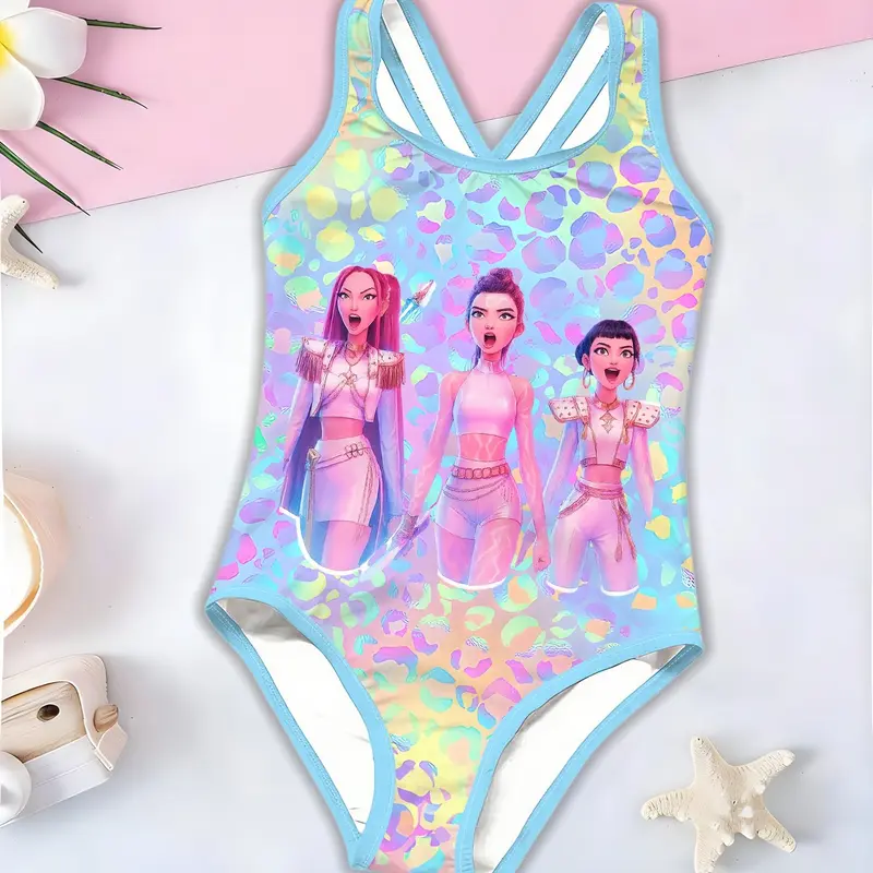 Girls' One-Piece Swimsuit, Colorful Holographic Leopard Print, Cross-Back, Trendy Beach and Pool Swimwear, Summer Swimwear, Sea Fancy Swimsuits
