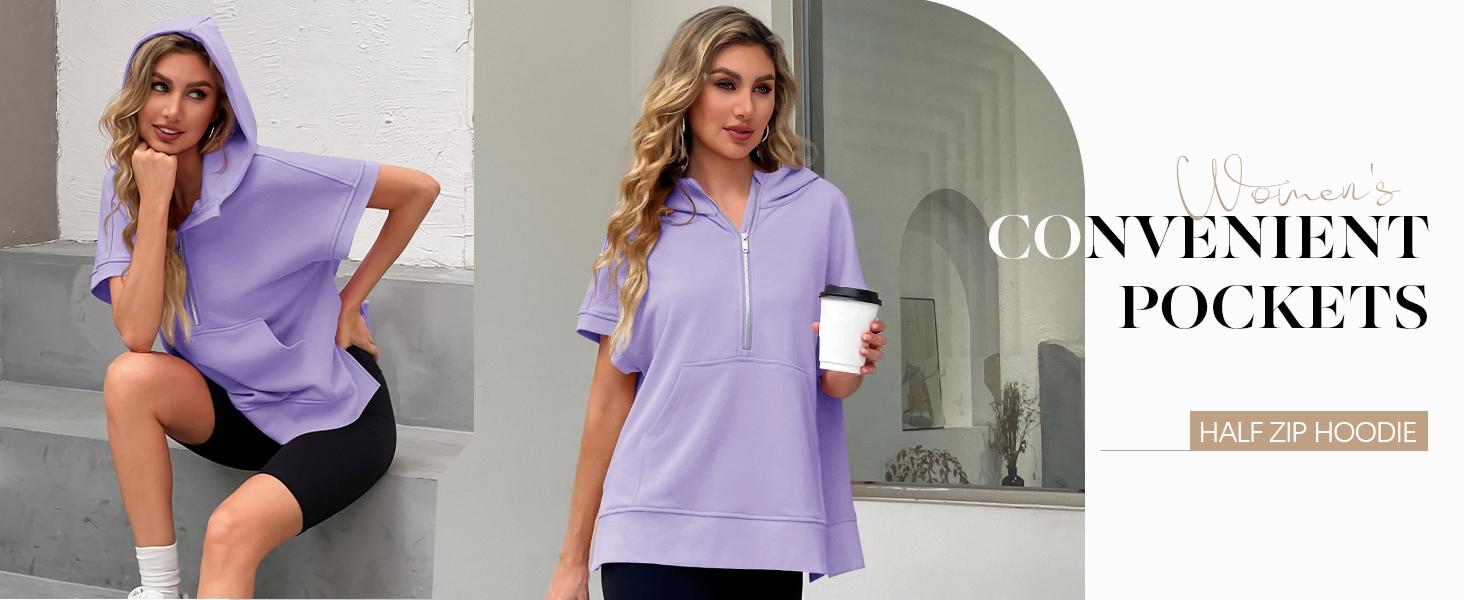 FMEYOA Womens Oversized Half Zip Hoodies Short Sleeve Casual Sweatshirts Pullover Tops with Pockets