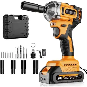 Cordless Brushless 1/2 Drive Torque Wrench, 500 N.m(369 Ft-lbs) 2-Speed Control Compact & Lightweight Cordless Drill with 2.0Ah Battery, 8 Drill Bits, 6 Bits, 4 Sockets for Automotive Repair & Essential Maintenance