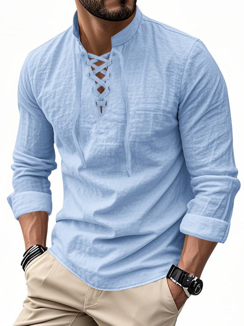 Men's Lightweight Breathable Linen Shirt, Drawstring Collar, Unique Design, Casual Plain Long Sleeve Polo, Perfect for Daily Commute Spring Fall Men's Clothing
