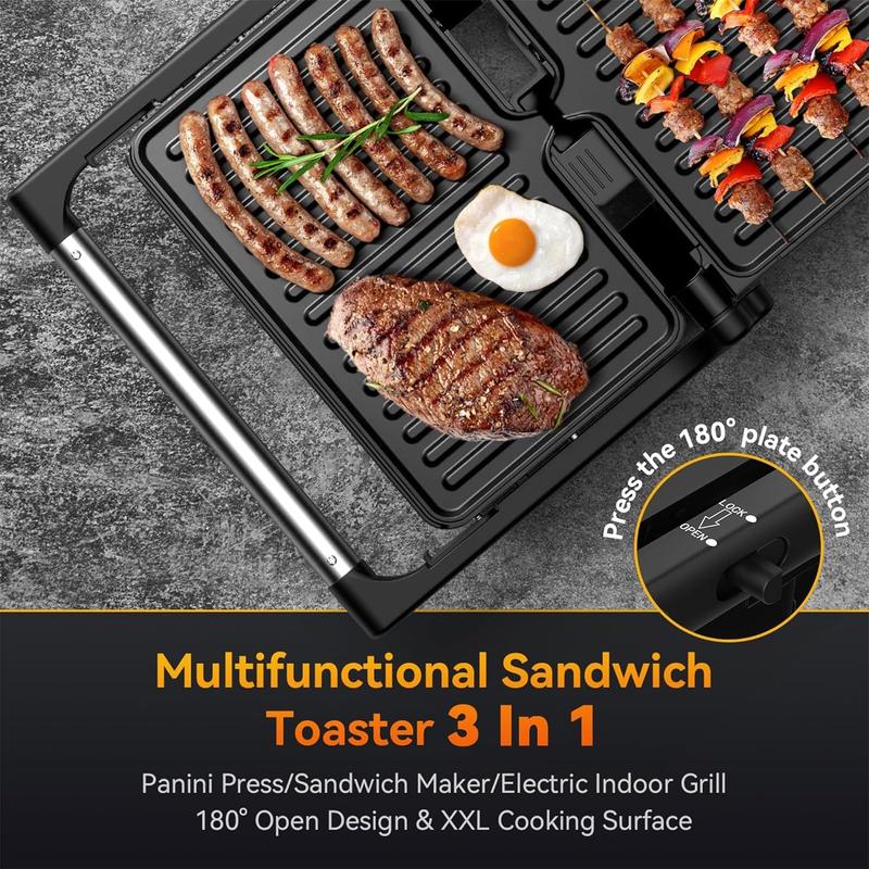 Panini Grill Press 1200W Sandwich Maker with Non-Stick Coated Cast Aluminum Plates, Fits 2 Slices of Bread, 180-Degree Opening, Easy to Clean Kitchen Appliances Household Appliances Cooker grills grill for outdoor Tabletop Griddle