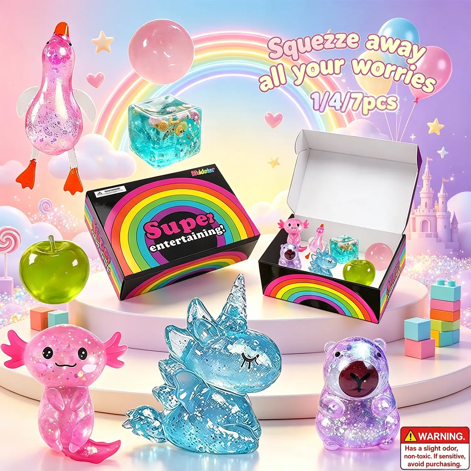 1/4/7 Pack Clear Glitter Squishy Fidget Toy Kit, Squishy Set, Safe Soft TPR Stress Relief Squeeze Toys, Instant Anxiety Release Hand Toys with Axolotl Unicorn Bear Duck Apple Cube, Rainbow Gift Box for Kids Adults, Travel Toy & Holiday Party Gifts
