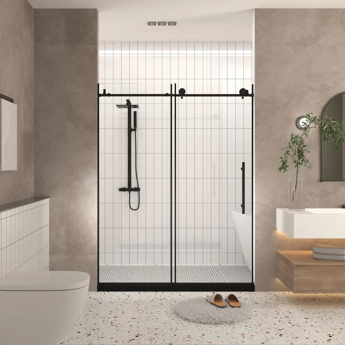 AobtkelFrameless shower door 56-60 "W x 76" H, 1/4 "(6 mm) Clear Tempered Glass, Explosion Proof Film, Stainless Steel Handle, Matte Black   WL RR