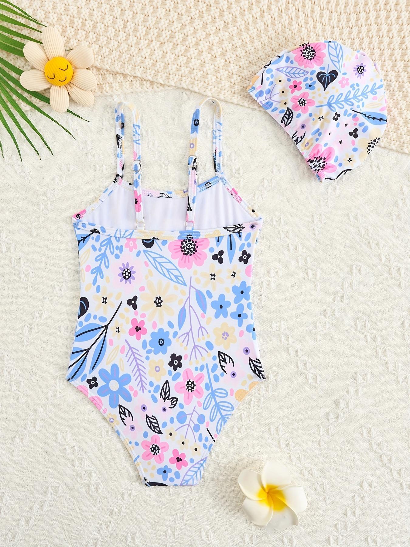 Girl's Floral Print One-piece Swimsuit & Swimming Cap, Cute Casual Swimwear Set for Beach Holiday Vacation, Kids Swimsuit for Summer