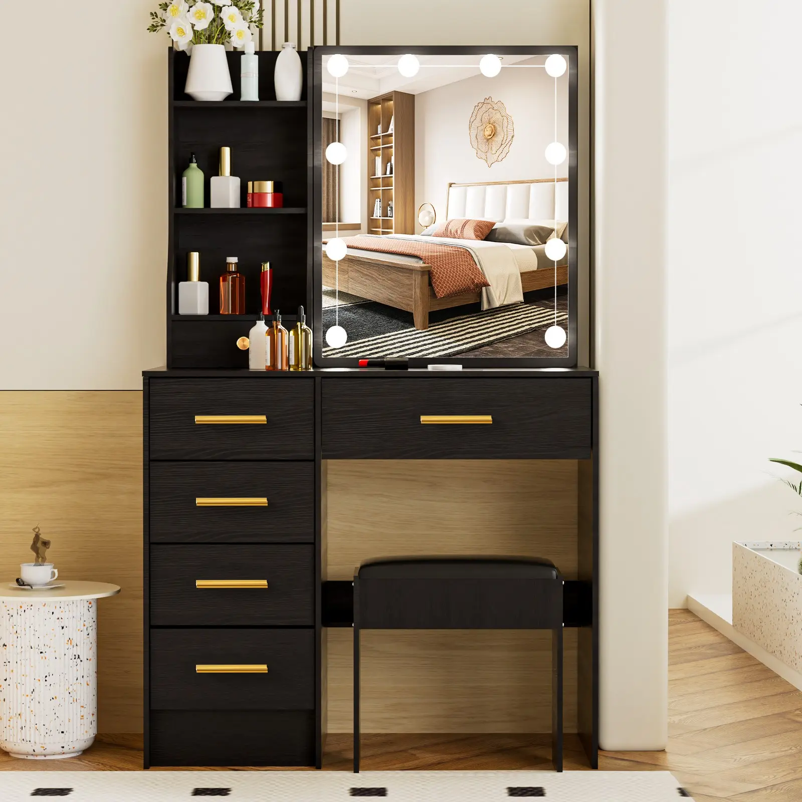 Black Modern Makeup Vanity Table Set with LED Lighting 10-LED Mirror, Stool, 6 Drawers, 3 Color Modes, MDF Wood Large Top Dressing Desk