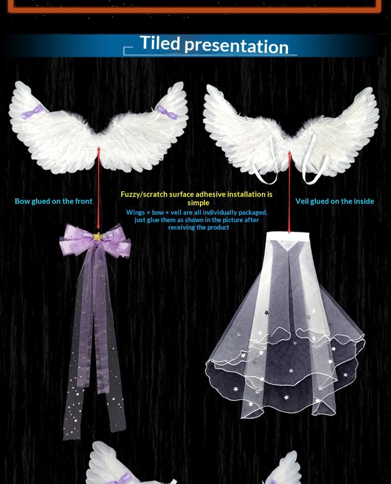 Angel Feather Wings Props for Christmas & Halloween Performance Costume Stage Princess Back Decoration White & Blue Bow