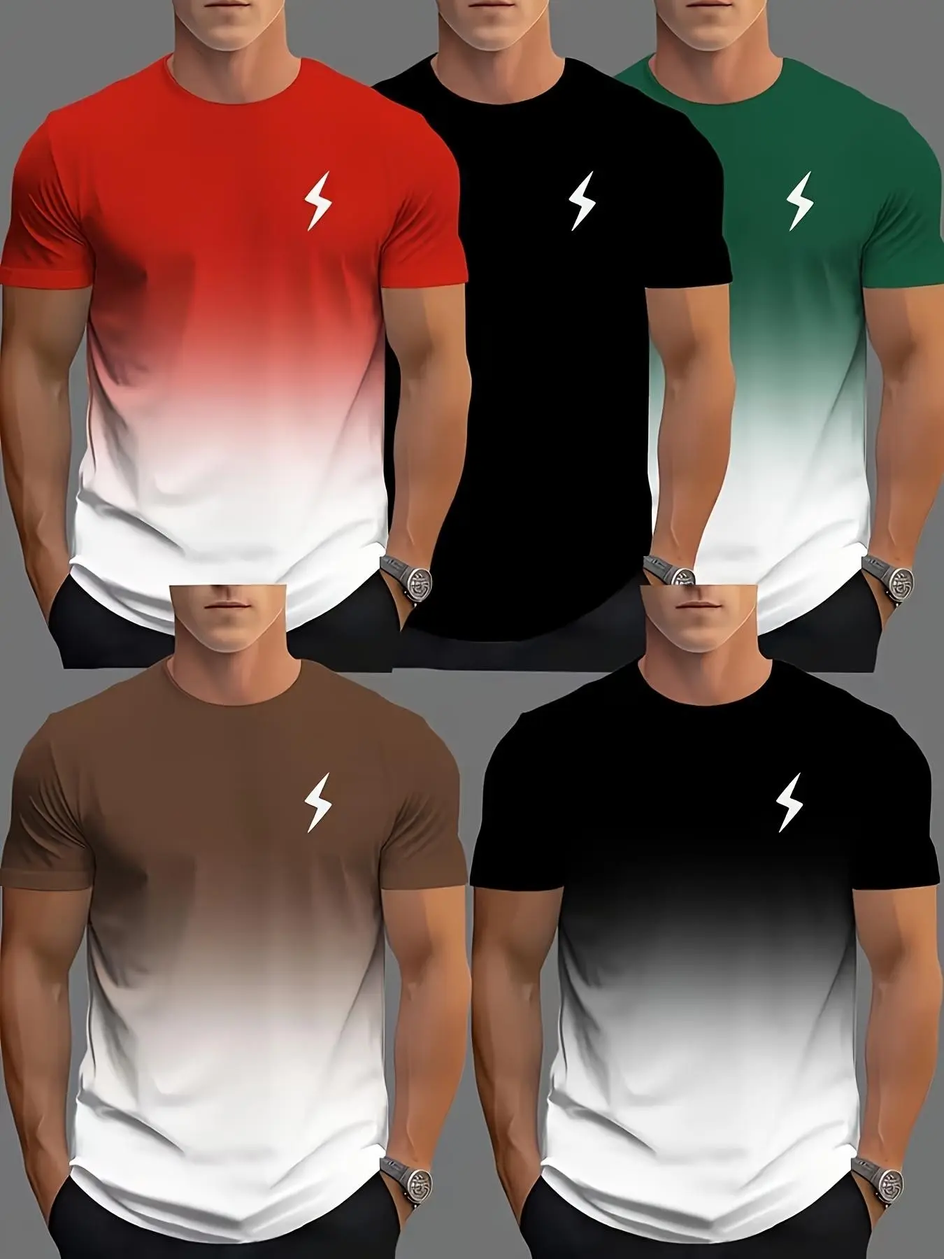 5-Pack Men's Gradient Lightning Logo Short Sleeve T-Shirts, Casual Slim-Fit Long Tee Set, Breathable Round Neck Top for Daily Wear