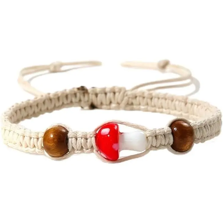 8mm Woven Adjustable Friendship Bracelet Tiger Eye Stone Colored Mushroom Bohemian Bracelet