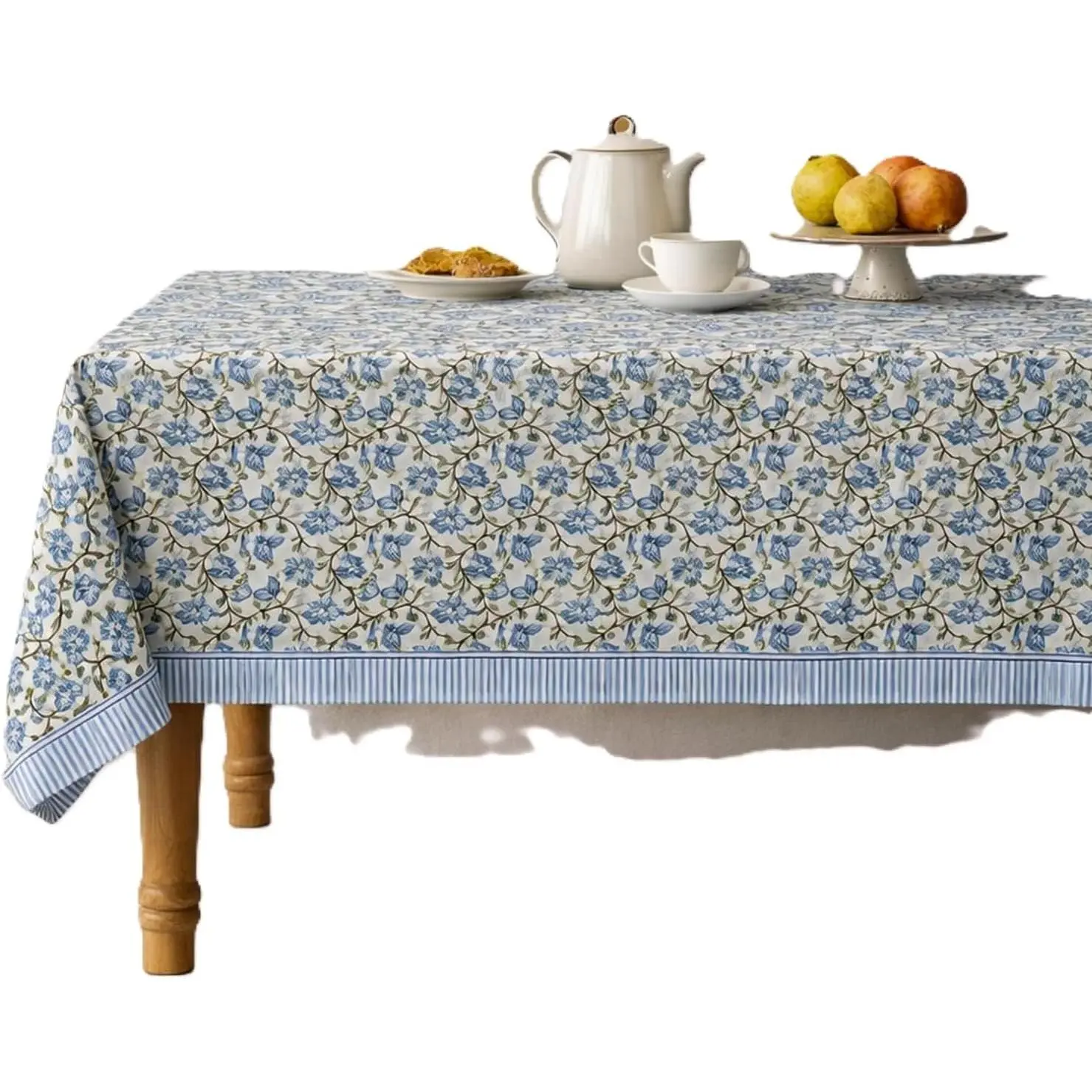 Hand Block Print Square Tablecloth Hibiscus Blue Vine 60 * 60 inch Reusable Table Cover Decorative Everyday Use for Dining Room, Farmhouse, Home Gift for Spring, Summer