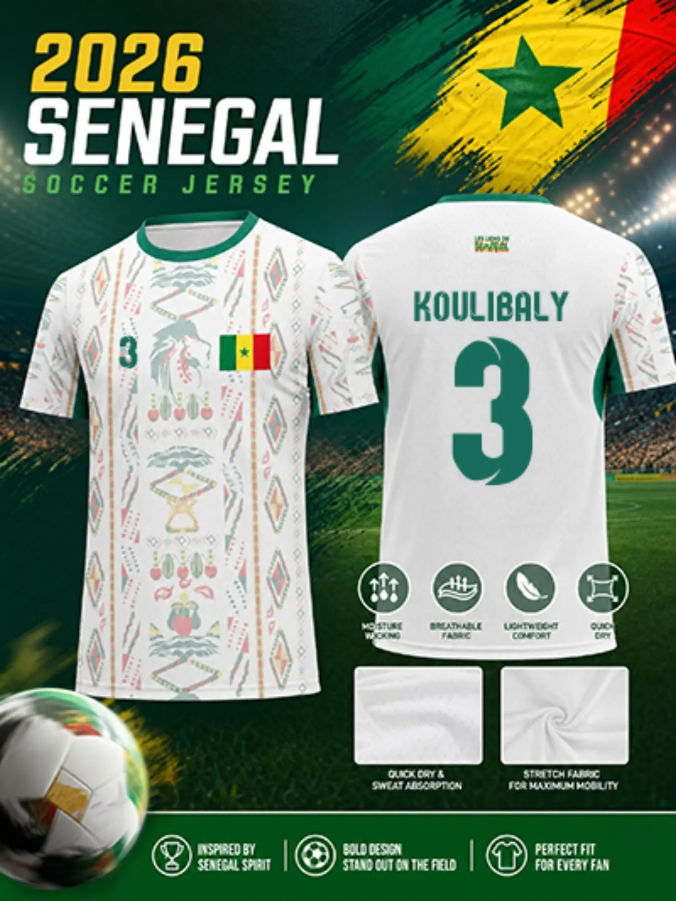 Senegal Culture Tribal Football Jersey, Soccer Jerseys, Quick-Dry Breathable Polyester, African Ethnic Geometric Print, Slim-Fit Sporty Tee, All-Season Wear