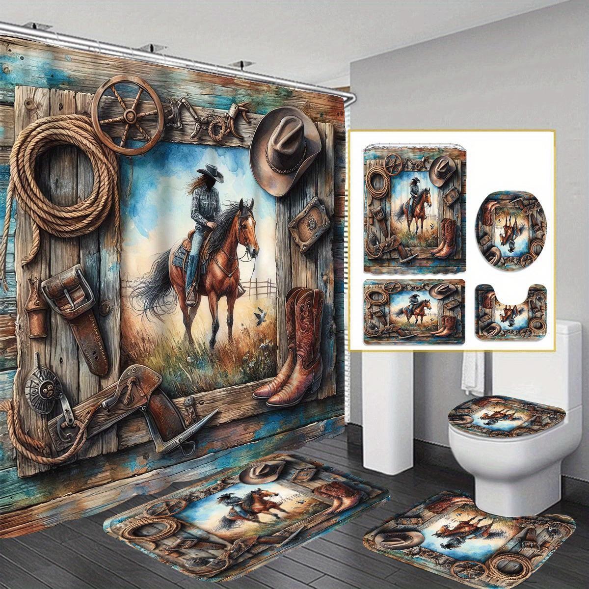 Cowboy & Horse Pattern Bathroom Decorations, 4 Counts/set Including Shower Curtain & Toilet Lid Cover & Mat & U-shaped Mat, Bathroom Accessories, Shower Curtain Sets