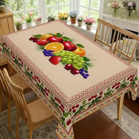 Vibrant Fruit Pattern Tablecloth, Rectangular Shape Cherry Border Design Dining Tablecloth Table Setting Kitchen Party Home Decor
