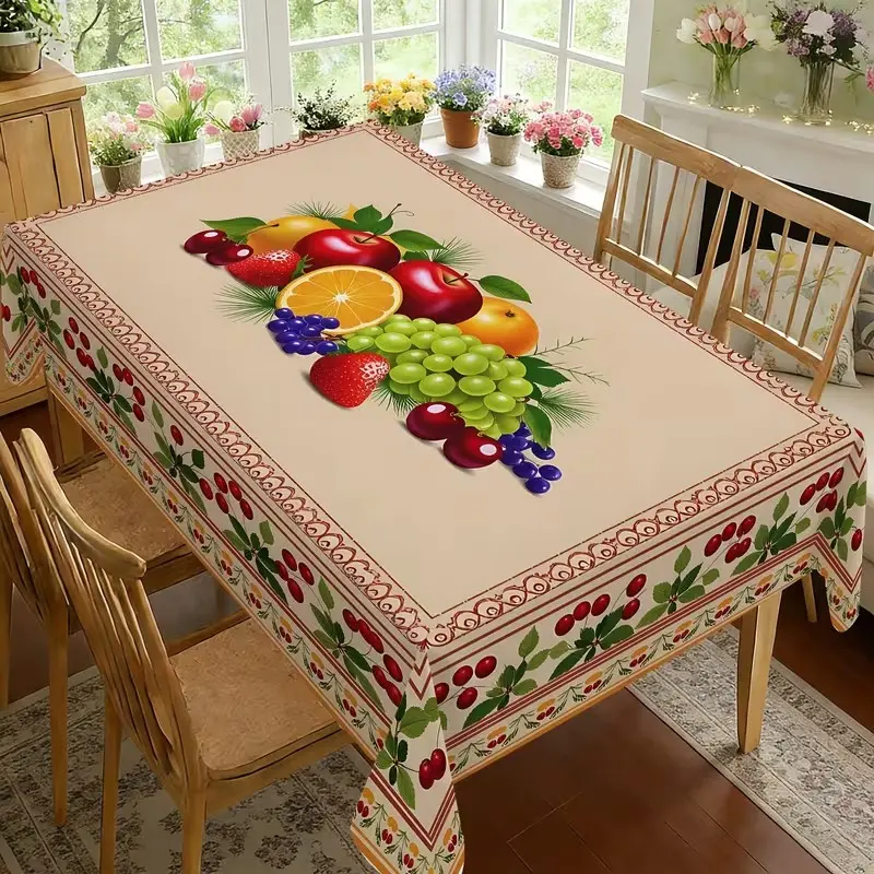 Vibrant Fruit Pattern Tablecloth, Rectangular Shape Cherry Border Design, Autumn Theme Dining Tablecloth, Kitchen Party Home Decor