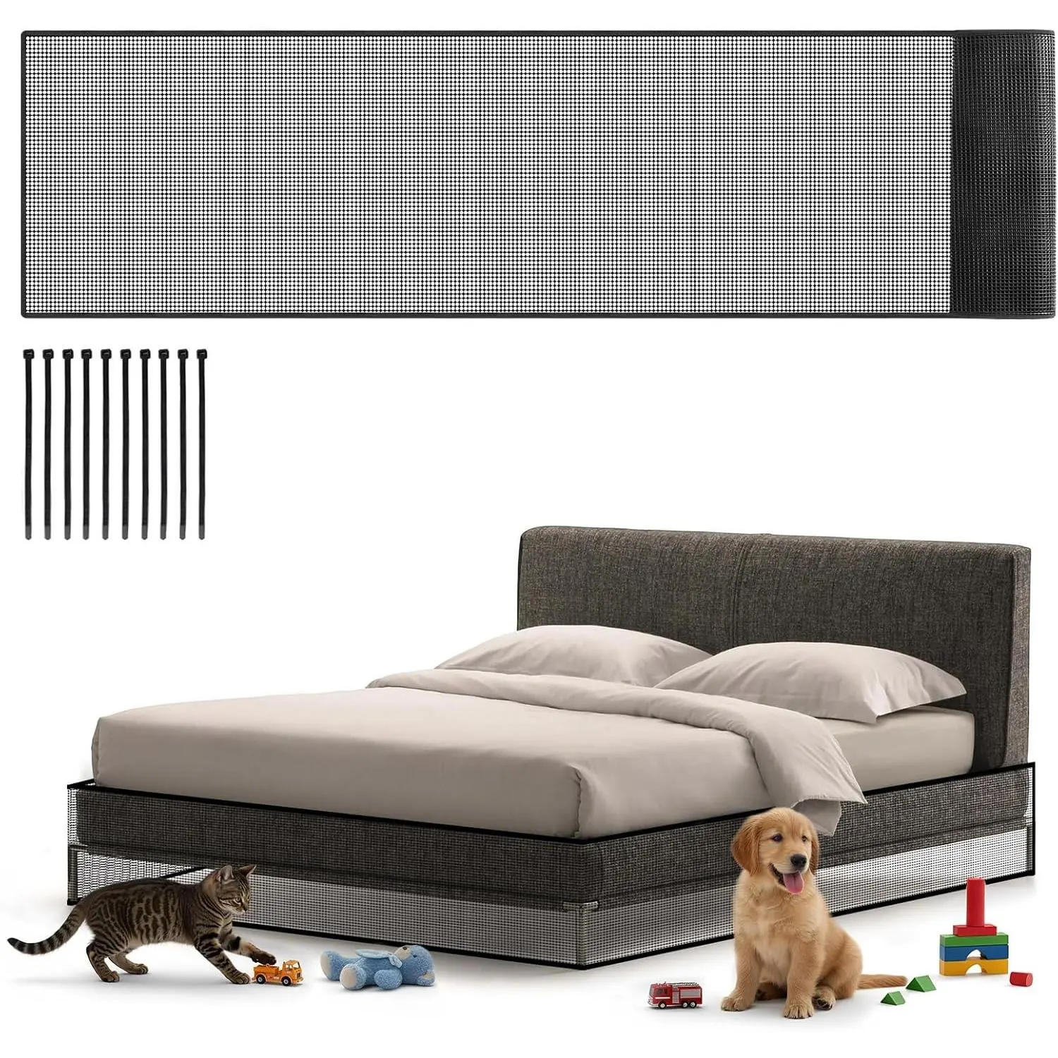 240 x 16 Inch Cutable Under Bed Blocker & Under Couch Blocker for Pets Toys, Sofa Furniture Bumper Barriers with Zip Ties, Extra Tall for King Queen Bed, Couch, Cabinet, Stop Dogs Cats(Black)