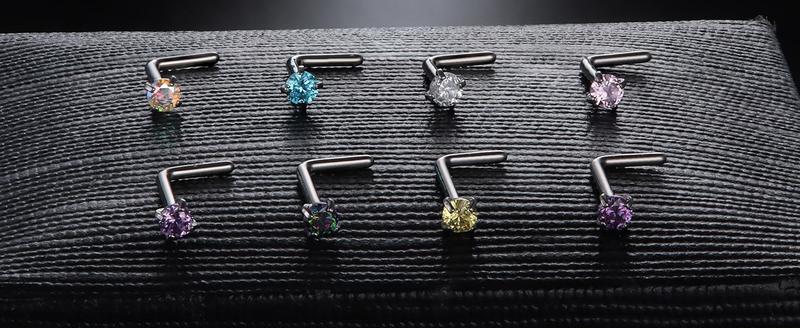 LOYALLOOK 8counts Nose Rings Studs Titanium Nose Rings 20G/18G Corkscrew Nose Ring L Shape Nose Studs Diamond CZ Silver Gold Nose Screw Rings Studs Hypoallergenic Nose Piercing Jewelry 1.5mm 2mm 2.5mm 3mm Gauge Size Trendy Modern Fashion
