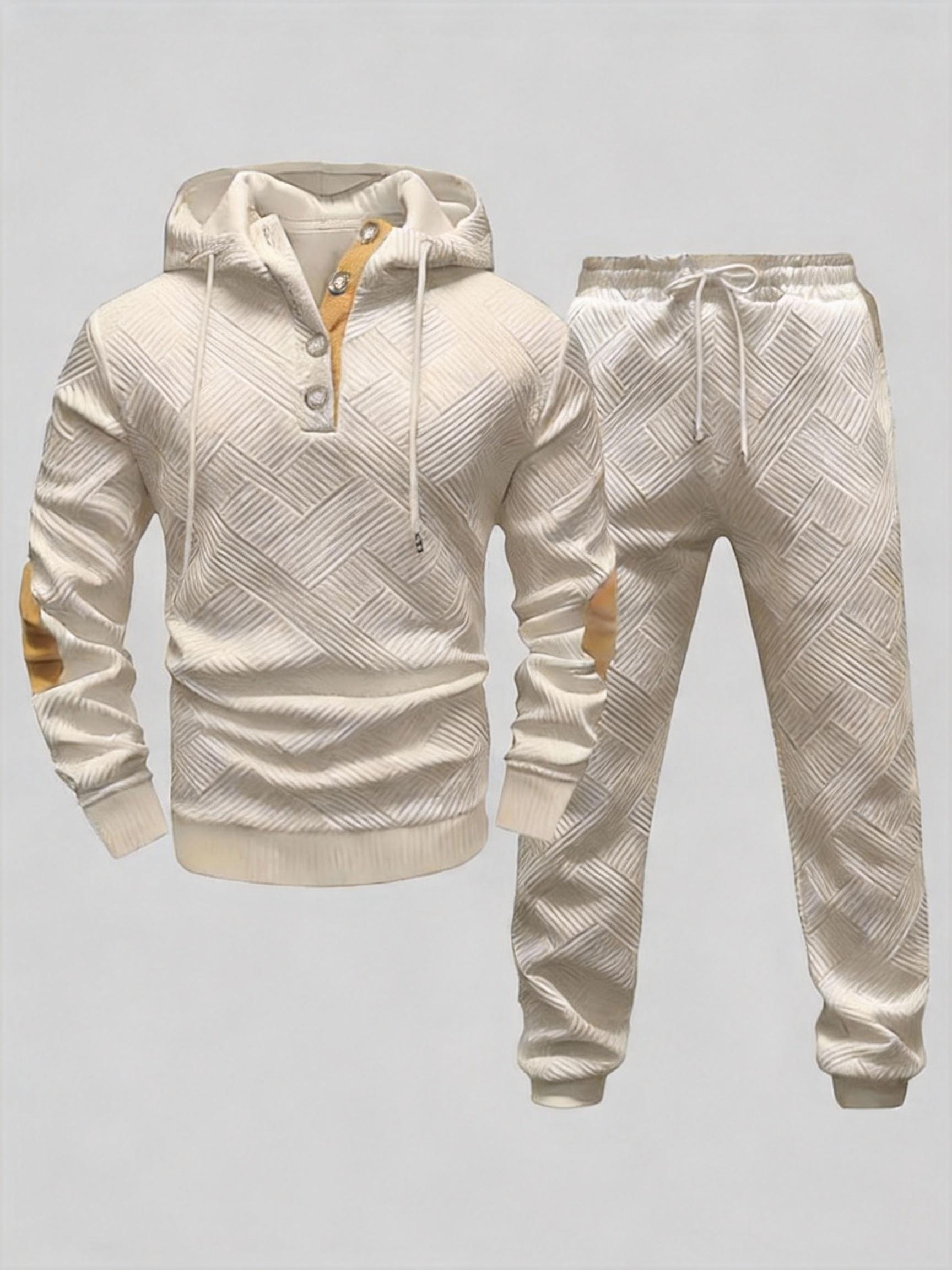 Men's 2-Piece Beige Tracksuit (Hoodie & Joggers) - Diamond Texture, Half-Button Placket (Brown Accent), Casual Stylish Outfit