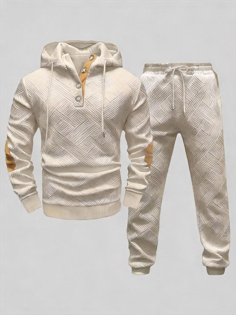 Men's 2-Piece Beige Tracksuit (Hoodie & Joggers) - Diamond Texture, Half-Button Placket (Brown Accent), Casual Stylish Outfit
