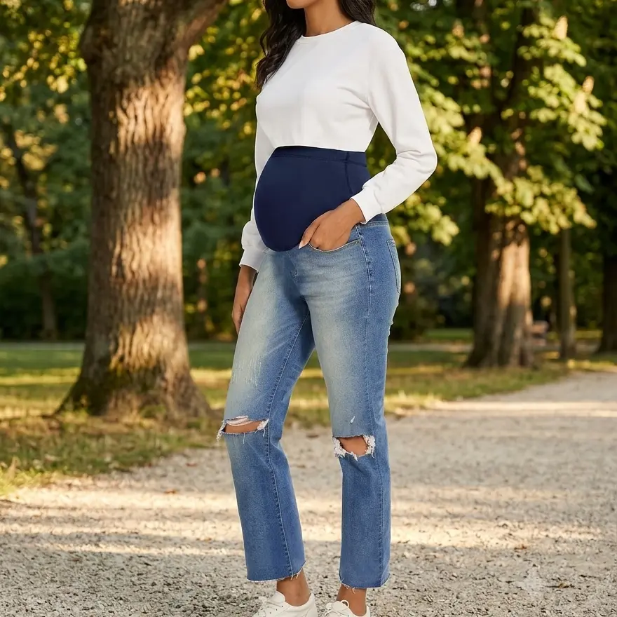 MUSBUY Women's Maternity Jeans, Relaxed Cut Straight Leg Denim with Over Belly Band, Distressed with Ripped Knees and Raw Hem, Raw Hem Jeans, Cotton Blend, Spandex Mix clothing, Polyester, Plain