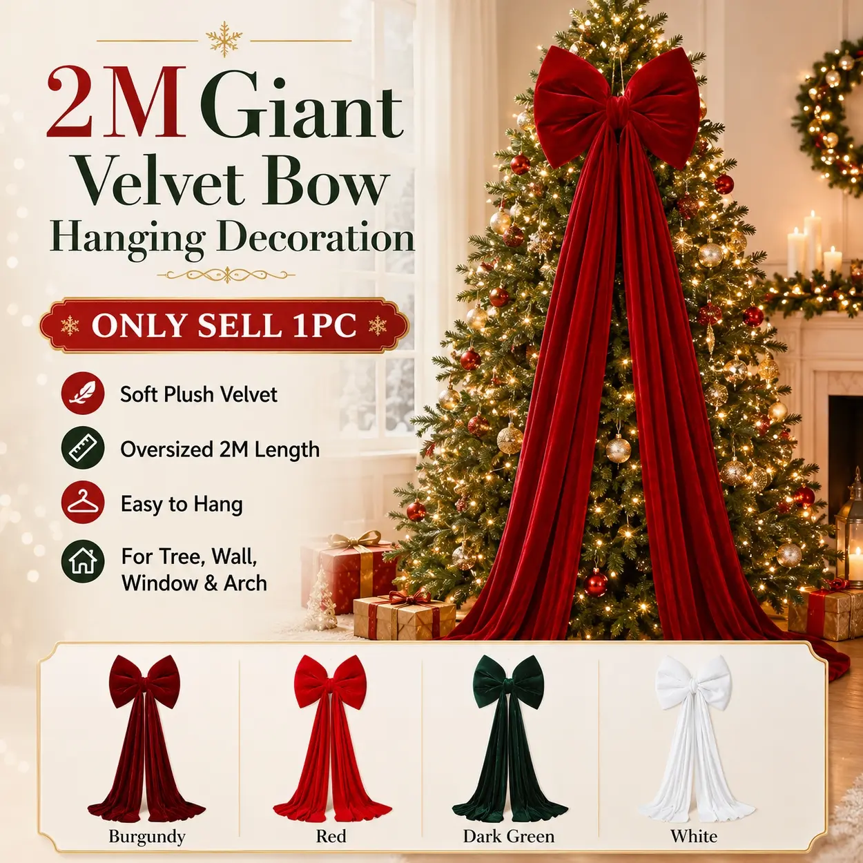 200cm Giant Bow for Room Decor, Extra Large Christmas Tree Topper Bow with Long Tail Design, Oversized Velvet Ribbon Hanging Decoration, Pre-Tied Holiday Ornament for Wall, Window, Arch, Fireplace, Wedding, Birthday and Party Decor