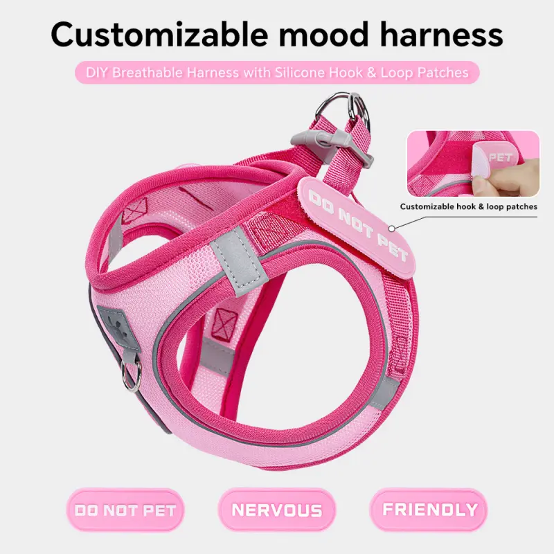 Breathable Comfort Full Coverage Dog Harness, Reflective Strips Safe Night Walking, DIY Velcro Changeable Mood Patches Design, Soft Fabric No Pull Puppy Harness with Matching Leash for Small Medium Dogs