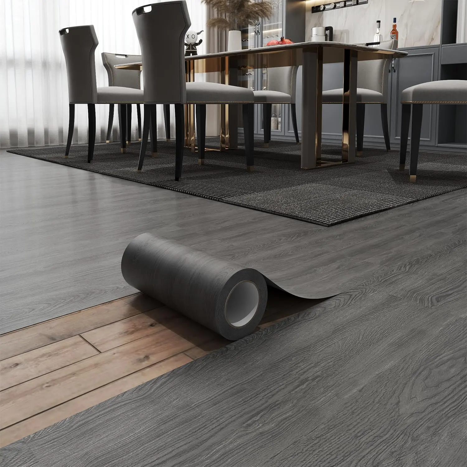 Peel and Stick Floor Tile 11.8" x 590" Vinyl Flooring Roll Cover 48.4 Sq.Ft. Waterproof Scratch-Resistant DIY Self-Adhesive PVC Wood Flooring for Renter, Kitchen, Bathroom, RV, Grey
