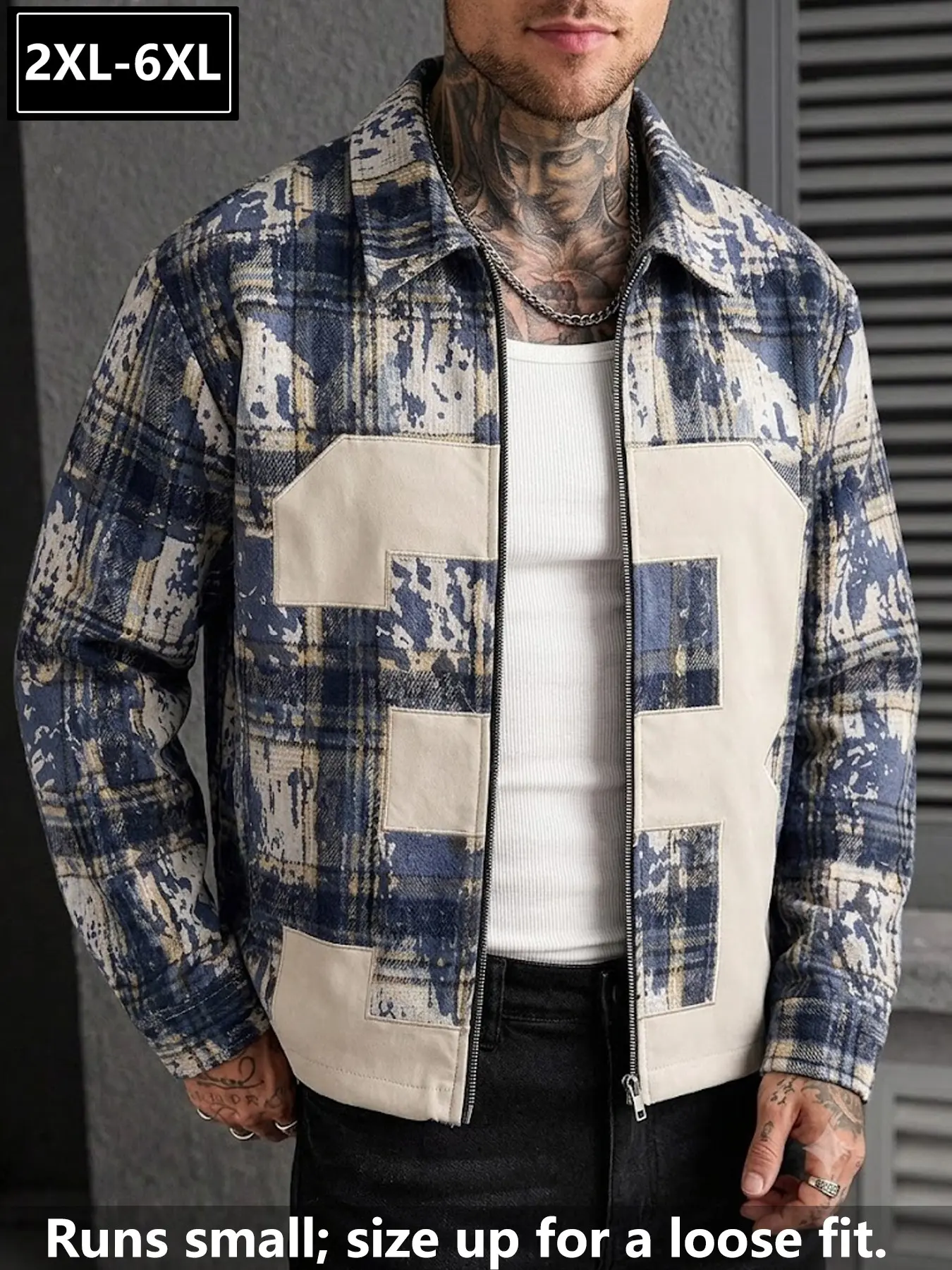 Men's Vintage Plaid Patchwork Zipper Jacket 2xl-6xl, Loose Fit, Versatile Streetwear, High Waist Slimming Design, Durable Urban Outerwear